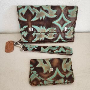 TNT Makers Leatherworks Brown and Teal Hand Tooled Patterned Wallet Set